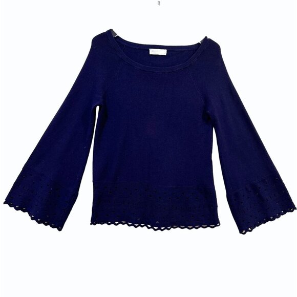 RAMY BROOK Dianna Sweater Top Womens XS Laser Cut Bell‎ Sleeve Navy Blue Capsule - Picture 2 of 11
